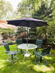 BY/ 7 Pc Outoor Patio Set - Round Tempered Glass Table, 6 Sling Fabric Swivel Arm Chairs, 8' Umbrella & Base