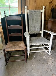 B/ 2pcs - Vintage Wood Rocking Chairs - Brown W Rush Seat, White W Wicker Seat