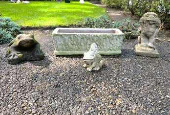 BY/ 4 Concrete & Plaster Lawn Ornaments - Big Frog, Little Frog W Gnome, Seated Lion & Planter Box