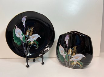 2 Vintage Yamaji Japan Black Porcelain Japanese Vase & Plate W Calla Lily Design