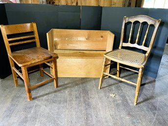 B/ 3pcs - Vintage Cane Seat Chair, Childs Desk Chair, Homemade Pine Bench