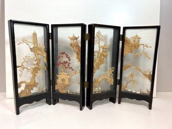 Amazingly Detailed Chinoises 4 Panel Glass Diorama 3D Hand Carved Wood/Cork Scenes