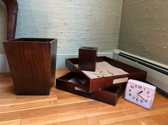 O/ 5pcs - Assorted Office Lot: Wood Wastebasket, Wood Tissue Box Cover, Wood Drawers, Clock