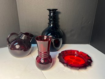 AN/ 4pcs - Cranberry Red Glass Vases, Jug And Ashtray