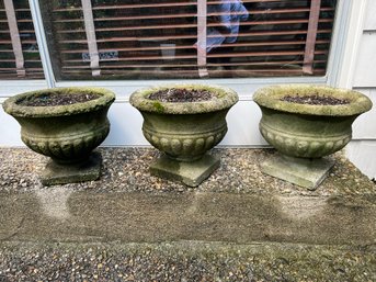 BY/ Set Of 3 Round Concrete Garden Planter Urns On Square Bases