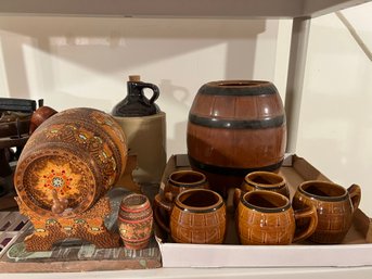 BR/ 2 Decorative Wood Kegs, To Kalon Society Stoneware Jug, Glazed Brown Ceramic Barrel Keg & 6 Mugs, Etc