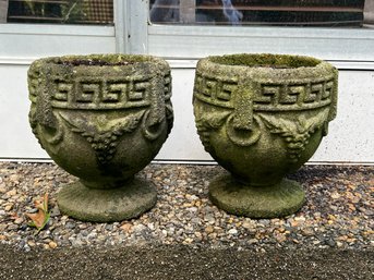 BY/ Set Of 2 Round Concrete Garden Planter Urns On Round Bases Greek Key & Grapes Design