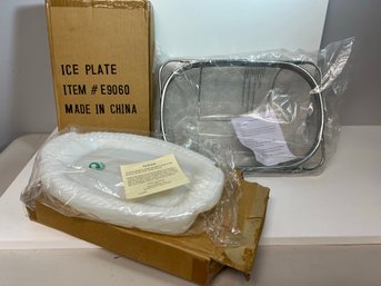 2 New In Box Ice Plates & 1 New Adjustable Over The Sink Stainless Colander