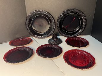 AN/CR90 8pcs - Avon Cape Cod Cranberry Red Glass Dishes, Base, Pie Plates Etc