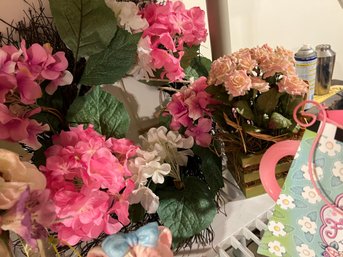 BR/ Springtime Lot - Several Faux Florals, 2 Painted Eggs, Metal Watering Can Vase, 2 Ceramic Pcs Etc
