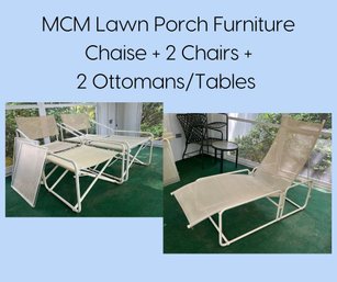 SP/ 7 Pc Folding MCM Patio Deck Furniture - Chaise Lounger, 2 Chairs & 2 Ottomans/Tables By Brown Jordan