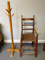 CR/B 2pcs - Childs Wooden Coat Rack And Antique High Chair