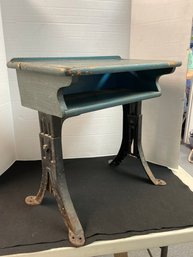 AN/CR160 - Antique Blue Childs School Desk With Inkwell Hole And Adjustable Metal Legs