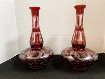 AN/CR150 2pcs - Unique Ruby Red Etched Glass Decanters/Vases