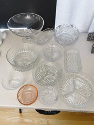 DR/ 11pcs - Pressed Glass Serving Pieces Assorted Shapes & Sizes: Pedestal Bowl, Tripod Bowl Etc
