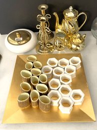 DR/ Unique Gold And White Serve-ware: Candlesticks, Napkin Rings, Platters, Etc