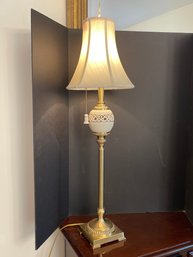 DR/ #1 Gorgeous Lenox Cream And Gold Tone Table Lamp W Ceramic Round Accent, Matching Finial & Pull Chain