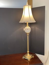 DR/ #2 Gorgeous Lenox Cream And Gold Tone Table Lamp W Ceramic Round Accent, Matching Finial & Pull Chain