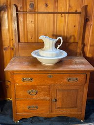 2B/ 3pcs - Vintage Oak Washstand With 'Sevres' Pitcher And Wash Basin