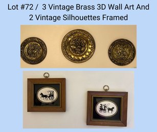 2B/ 5pcs - 3 Vintage Brass 3D Wall Art And 2 Vintage Silhouettes Framed