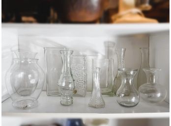 B/ Shelf Of 11 Assorted Glass Vases - Variety Of Shapes & Sizes