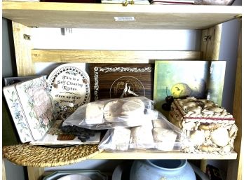 B/ Shelf Of Assorted Ceramic Metal & Woven Trivets, Decorative Boxes Etc