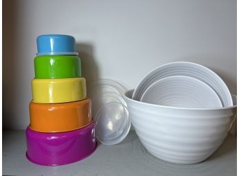 B/ 2 Sets Nesting Bowls - 3 White Melamine By Threshold, 5 Colorful Metal W Plastic Lids