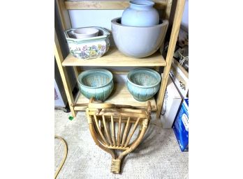 B/ 2 Shelves Assorted Ceramic Planter Pots & Hanging Wood Plant Holder