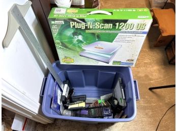 A/ Bin Filled W Assorted Office Supplies - New In Box Scanner, T Square, Stapler, Scotch Tape Etc