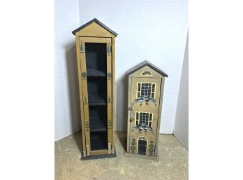 A/ 2 Pcs Painted Wood Decorative Storage Cabinets Shaped Like Houses - For CDs Or Knick Knacks