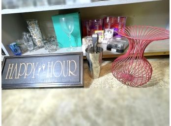 B/ Shelf Of Assorted Barware Drinkware & Cocktail Accessories - Happy Hour Sign, Openers Etc