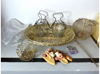 B/ Metal & Wood Decor - Bag Of Adhesive Hooks, Sm Metal Wire Baskets, Wood Miniatures Etc