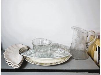 B/ 9 Serving Pcs - Beautiful Etched Glass Pitcher, MCM Lane & Co Relish Trays, Bormioli Glass Bowl Etc