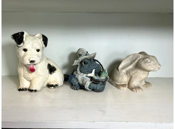 A/ Painted Resin Animals - Bunny, Puppy And Fisherman Frog