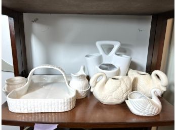 A/ 5 Pcs White Ceramic - 3 Swans, 1 Handled Server, 1 Handled Vase Or Cutlery Holder