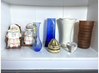B/8 Pcs - Amber Hoosier Glass Vase, Northeastern Univ Glass Paper Wt, 2 Lefton Granny In Rocker Banks..