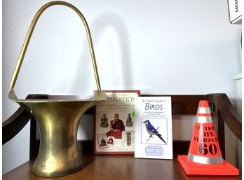 A/ 4 Pcs - Mediation DVD, Bird Book, Life Starts At 60 Cone, Brass Colored Basket