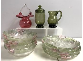 11 Pcs - Frosted Cherry 4 Plates & 4 Bowls, Green Swirled Cream & Sugar, Cranberry Basked Twist Handle