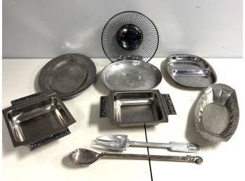 9pcs Assorted Pretty Silver Plate & Stainless Steel Serving Pieces - Plate, Bowls, Utensils Etc