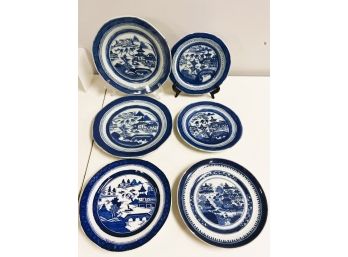 6 Pcs Of Chinese Export Style Blue & White Plates - 1 Marked Masonry