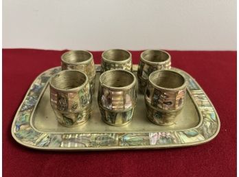 Vintage Beautiful Abalone Shell & Brass 6 Shot Glass Set W/Serving Tray