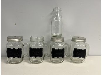 5 Pc Glass Bundle - 4 Mason Jars W/Handles & Chalk Labels, 1 Small 'Dairy' Bottle