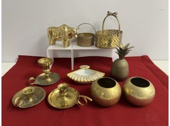 10 Pc Brass & Porcelain Decor Lot: Bull, Pineapple Jar, Candle Holders Etc - Thailand, India Etc