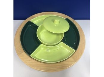 Vintage Large Lazy Susan Wood Dark Green Light Green - Never Used