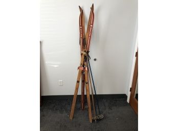 Pair Of Vintage Wooden Skilom Cross Country Snow Skis W/ Poles Norway