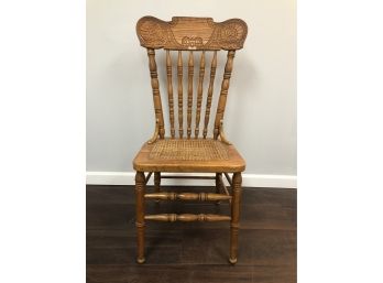 Vintage Oak Pressback Dining Side Chair With Cane Seat