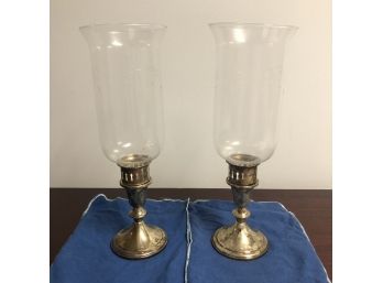 Pair Of Towle Sterling Weighted Reinforced 925/732 Candlesticks Hurricane Shades