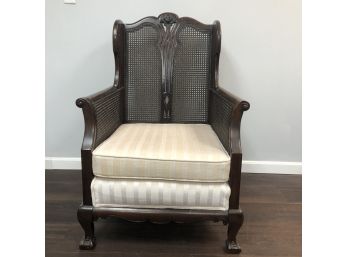 Stunning Wood Cane Upholstered Gentleman's Baroque Wing Back Arm Chair