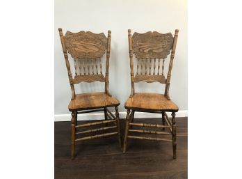 Pair Of  Vintage Oak Pressback Dining Side Chairs #2