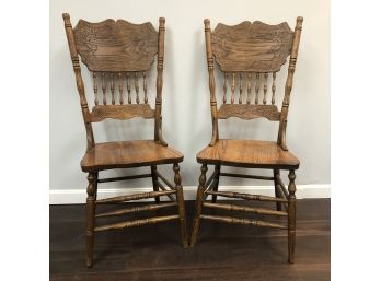 Pair Of  Vintage Oak Pressback Dining Side Chairs #1